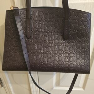 Coach Embossed Leather Tote - Dark Brown